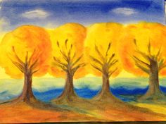 a drawing of four trees with yellow leaves in the fall and blue sky above them