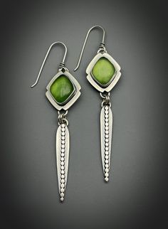 Serpentine gemstone earrings. Handmade one at a time.  Serpentine gems 10 carats total Sterling silver ear wires. The length of these earrings is  2.9" The width at the widest point is .6" Sterling silver setting. My signature and .925 are on the piece. All my pieces are 100% handmade by me. Each box jewelry is packaged has a special painting on the top from me. Thanks for stopping by!! Modern Green Earrings With Polished Finish, Unique Drop Earrings, Special Painting, Gemstone Drop Earrings, Fun Jewelry, Green Gems, Sterling Silver Dangle Earrings, Box Jewelry, Modern Earrings