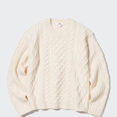 Uniqlo Cable Crew Neck Long Sleeve Sweater Size: Xs Color: Off White Brand New Cable Knit Sweater Outfit, Off White Brand, White Sweater Outfit, Uniqlo Sweater, Knit Sweater Outfit, White Cable Knit Sweater, Uniqlo Tops, White Knit Sweater, Ribbed Turtleneck Sweater