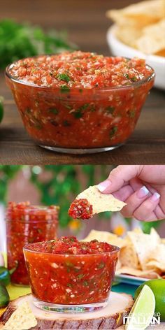 a hand holding a tortilla chip and dipping it into a bowl filled with salsa