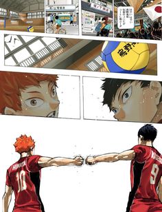 an anime scene with two men in red uniforms and one man holding a volleyball ball