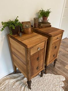 two wooden drawers sitting on top of a white rug next to a wall with potted plants