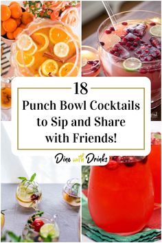 Collage of 4 punch bowl cocktails. Football Party Punch Alcohol, Gold Party Punch, Margarita Punch Bowl Recipe, Vodka Punch Bowl Recipes, Punch Bowl Cocktails Alcohol, Spiked Punch Bowl Recipes, Nye Party Punch, New Years Punch Recipes Alcoholic, Holiday Punch Bowl Cocktails