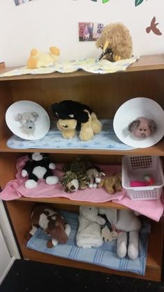 several stuffed animals and toys on shelves in a room