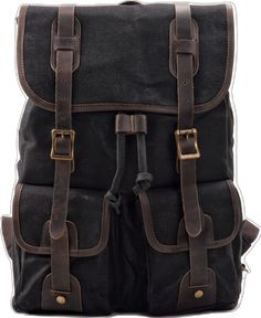 Black Canvas Bag For Adventure, Black Leather Trim Backpack For Outdoor, Black Backpack With Leather Trim For Outdoor, Black Outdoor Backpack With Leather Trim, Outdoor Black Backpack With Leather Trim, Vintage Black Bag For Outdoor, Black Vintage Leather Backpack For Daily Use, Vintage Black Leather Backpack For Daily Use, Vintage Black Outdoor Bag