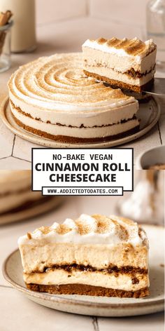 no bake vegan cinnamon roll cheesecake on a plate