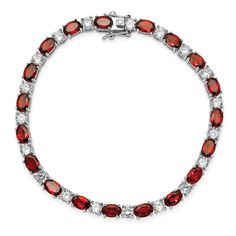 Sterling Silver Polished Finish Garnet and Cubic Zirconia Bracelet with Box Catch Clasp Elegant Red Tennis Bracelet, Red Diamond Bracelet For Formal Occasions, Fine Jewelry Red Diamond Bracelet For Formal Occasions, Red Fine Jewelry Tennis Bracelet For Formal Occasions, Red Tennis Bracelet For Formal Occasions, Formal Red Diamond Bracelets, Red Fine Jewelry Bracelet For Formal Occasions, Red Diamond Bracelets Fine Jewelry, Red Oval Diamond Gemstone Bracelet