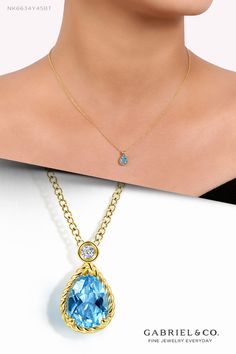 14K Yellow Gold Pear Shape Blue Topaz Pendant Necklace with Bezel Set Diamond. NK6634Y45BT #Necklaces #DiamondNecklace #GoldNecklace #gabrieljewelry #gabrielnecklace #gabrielring #gabrielearrings #gabrielbracelet #GabrielNY #DiamondJewelry #GabrielAndCo #UniqueJewelry #Jewelry #FashionJewelry #GiftIdeas #UniqueGifts #BlueTopaz Luxury Round Birthstone Necklace With Gemstone, Luxury Classic Birthstone Pendant Necklace, Luxury Tension Setting Jewelry For May Birthstone, Luxury Classic Pendant Birthstone Necklace, Luxury Diamond Birthstone Round Pendant Necklace, Luxury Gold Birthstone Necklace With Round Stone, Luxury Jewelry For May Birthstone With Round Stone, Luxury Birthstone Round Pendant Diamond Necklace, Luxury Gold Birthstone Necklace In Fine Jewelry Style