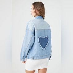 A Denim Jacket Featuring An Allover Gradient Wash, Button-Front Closures, Dropped Long Sleeves, Chest Flap Pockets, A Basic Collar, And Frayed Back Heart Design. New Without Tags. Inventory #P5125 Jean Jacket Oversized, Patch Denim Jacket, Denim Jacket Oversized, Printed Denim Jeans, Patch Denim, Denim Jacket Patches, Oversized Jean Jacket, Heart Patch, Heart Patches