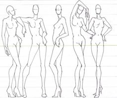 a line drawing of three female mannequins in various poses, from front to back