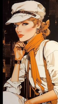 a woman wearing a white hat and orange scarf