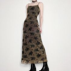 Manifest 2023, Thrift Manifest, Long Mesh Dress, Party Long Dress, Gothic Clothes, Summer Black Dress, Spaghetti Strap Maxi Dress, Retro Mode, Floral Lace Dress