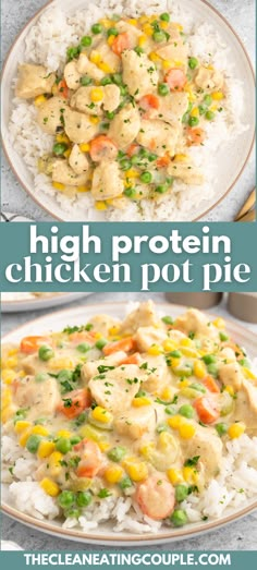 chicken pot pie with rice and vegetables in it on a plate, next to the same image