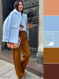 Light Blue Outfit Color Combos, Light Blue And Navy Outfit, Light Blue And Brown Outfit, Color Matching Clothes Women, Color Blocking Outfits Classy, Light Blue Pants Outfit, Brown And Blue Outfit, Blue And Brown Outfit, Colored Pants Outfits