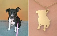 a dog with a leash is shown next to a photo of a necklace that has a dog on it