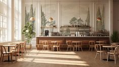 an empty restaurant with wooden tables and chairs