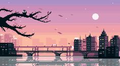 a pixel art cityscape at night with the moon in the sky and buildings reflected in the water