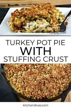 Collage of piece of turkey pot pie on plate at top and overhead shot of turkey pot pie in skillet at bottom. Rotisserie Chicken And Stuffing, Stuffing Crust, Using Leftover Turkey, Chicken And Stuffing, Turkey Leftovers, Thanksgiving Leftover, Leftover Recipes, Thanksgiving Leftover Recipes, Turkey Pot