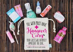 a bag with some personal care items on it and the words, all with must have hangover bags