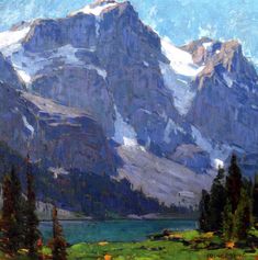 an oil painting of mountains and trees in the foreground