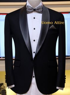 Black customized tuxedo two piece suit, black tuxedo suit with satin shawl, black tuxedo shawl Custom Fit Tuxedo Blazer For Groom, Fitted Tuxedo Set With Lapel Collar, Black Tuxedo With Pressed Crease, Black Single-breasted Tuxedo For Black Tie, Black Tuxedo With Pressed Crease And Long Sleeves, Black Single Breasted Blazer For Wedding, Black Single-breasted Blazer For Wedding, Black Tuxedo Blazer For Black Tie Event, Black Tuxedo Blazer For Black Tie Occasions