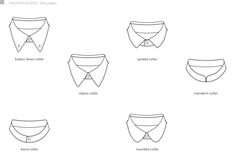 A set of vector shirt collars to make your technical drawings and tech packs look even more professional. Includes:  - button down shirt collar  - spread shirt collar  - classic shirt collar  - mandarin shirt collar  - band shirt collar  - rounded shirt collar  - wing tip shirt collar  - oversize shirt collar  - bar-pin shirt collar  - notched shirt collar  - Cuban shirt collar All elements are created in Adobe Illustrator. Custom colour and size can be applied. Upon the purchase you will receiv Shirt Collar Drawing Reference, Collars Drawing, Shirt Collar Drawing, Collar Technical Drawing, Collared Shirt Drawing, Collar Drawing, Formal Shirt Design, Shirt Collar Types, Cuban Shirt