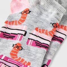 Add some fun and color to your outfit with the Women's Bookworm Low Cut Socks from Xhilaration™ in Gray/Pink 4-10. Made from a lightweight fabric with touches of polyester and spandex for stretchy comfort, these socks ensure your feet to stay nice and snug all day. Featuring a bookworm in glasses, these Xhilaration™ Women's Bookworm Low Cut Socks is perfect for everyday use. Playful Pink Fitted Socks, Trendy Stretch Pink Socks, Trendy Pink Stretch Socks, Playful Fitted Pink Socks, Pink Comfortable Stretch Socks, Comfortable Pink Socks For Playtime, Fun Multicolor Stretch Socks, Fun Pink Socks For Winter, Pink Socks For Playtime In Winter