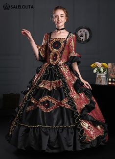 18th Century Baroque Renaissance Victorian Dresses     Condition: Brand New   Color: Wine Red Floral and Black   Material: Brocade   Occasion: Party, Wedding, Events, Photo shoot or Shows   Sleeve Length: Long Sleeves   Collar: Square Collar   Includes: Dress           Whether you're looking for a Vintage Revolutionary,Regency,Early Victorian,Pioneer Women,Old West,Civil War Era,Polonaise Sets,Bustle Eras,Victorian Era,Edwardian Era Dresses Clothing or Historical Period Clothing for you Edwardian Era Dress, Marie Antoinette Dress, Masquerade Ball Dresses, Masquerade Party Dresses, Victorian Ball Gowns, Era Dresses, Marie Antoinette Dresses, Gothic Victorian Dresses, Masquerade Ball Gowns