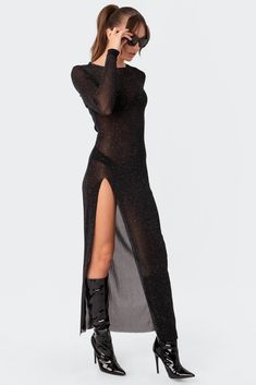 Long sleeve maxi dress Shiny sheer mesh fabric Side slit detail Polyester, Spandex Model wears size S Model height is 5'8 Item care: Wash with similar color Mesh Wrap Dress, Mesh Sparkle Dress, Glitter Mesh Dress, Black Mesh Dress Outfit, Nightout Outfit, Long Mesh Dress, Era Tour, Cosmic Space, Space Princess