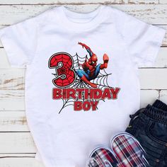 Spiderman Birthday Shirt (1-9 years old) Family Matching Shirt, Spiderman Birthday shirt, Spiderman Birthday Shirt, Personalized Spiderman, Custom Shirt DESCRIPTIONS! * One-sided printing is included in the price. * Please contact us if there is a color that you cannot find in the list. * - We have 3 different tshirt brand that we use, if you only want one particular brand please ask the seller for availability, if you do not ask we will ship the available brand. * You can message us 24/7 for any question. We will reply you as soon as possible. (including Saturday and Sunday) Unisex Short Sleeve Tee * 100% Airlume combed and ringspun cotton (fiber content may vary for different colors) * Light fabric (4.2 oz/yd² (142 g/m * Tear away label * Runs true to size * Non-chlorine: bleach as neede Two Year Old Spiderman Party, Spiderman Birthday Shirt Boys, Spider Man Birthday Shirt, Spiderman Birthday Shirt, Spiderman Custom, 3rd Birthday Party For Boy, Spiderman Shirt, Spiderman Theme, Spiderman Party