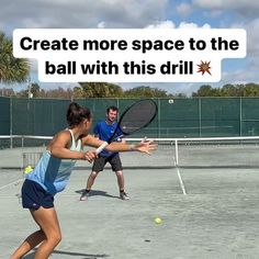 a man and woman playing tennis on a court with an ad above them that reads create more space to the ball with this drill