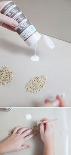 two photos of someone using glue to decorate doily on a table with white and gold decorations