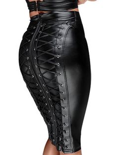 Style: SexyFabric Content: PolyesterFit Type: Slim fitLength: Midi SkirtDesign: Back Zipper.Lace-up Faux Leather Midi Skirt, Pu Leather Skirt, Bodycon Midi Skirt, Look Plus Size, Style Gothic, Stylish Skirts, Leather Midi Skirt, Rock Design, Black Midi Skirt