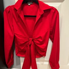 Never Worn Red V-neck Shirt For Fall, Red Shirt For Spring Party, Red Party Shirt For Fall, Red Party Shirt For Spring, Trendy Red V-neck Shirt, Red Collared Shirt For Party, Trendy Fitted Red Shirt, Red Collared Party Shirt, Red Collared Party Blouse