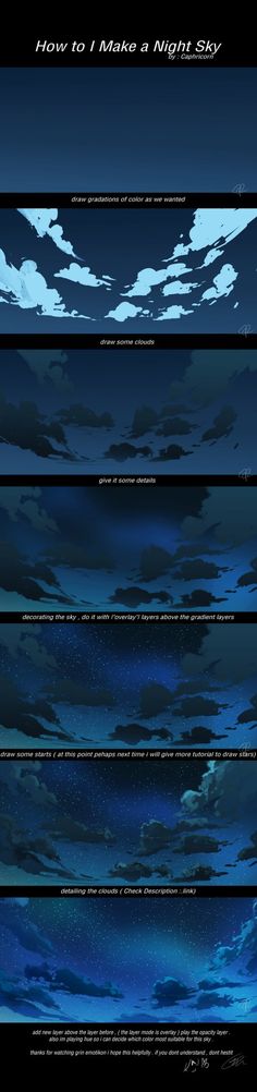 an image of the sky with clouds and stars in it, as well as text that reads how to make a night sky