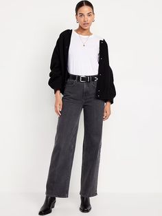 Extra High-Waisted Sky-Hi Wide-Leg Jeans | Old Navy Versatile Black Jeans For Fall, Casual Black Button-up Bottoms, Everyday Black Bottoms With Button Closure, Washed Black Jeans For Fall With Pockets, Washed Black Jeans With Pockets For Fall, Fall Washed Black Jeans With Pockets, Casual Gray Jeans With Belt Loops, Versatile Black Jeans With Pockets, Black Versatile Jeans