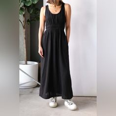 Nwt Xirena Black Gauze Cotton Tank Dress W/ Exposed Midriff Sz Xsmall Maeve Cutout Back/Waist Dress Cut It Out. Maeve Is New This Season In An Iconic Chelsea Gauze. Maeve Is A Tank Midi Dress With A Scoop Neck, Cut-Out Waist, Side Slits, And Side Seam Pockets. Can Be Worn With The Cut Out In Front Or Back. Fabric: 100% Cotton Measurements: - Swingy, Easy Fit With Side Seam Pockets, We Say Buy In Your True Size. Xs: Bust 31" - 32", Waist 23" - 25", Hip 34" - 35" Beautiful Dress! Very Slightly Sheer Lightweight Gauzy Cotton Material. No Flaws Pink Stripe Dress, Button Front Maxi Dress, Cut It Out, Silk Dress Long, Maxi Dress Pattern, Cotton Shirt Dress, Long Midi Dress, Maxi Dress Navy, Cotton Maxi