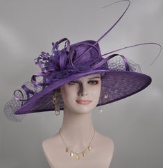 Ascot Horse Racing, Sinamay Hat, Sinamay Hats, Black Church, Tea Party Wedding, Purple Hats, Feather Flower, Kentucky Derby Hat, Derby Hat