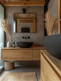 Natural Wood Vanity Decor in Japandi Style Grey And Wooden Bathroom, Japandi Interior Bathroom, Bathroom Vanity Japandi, Minimalist Bathroom Vanity Ideas, Bathroom With Natural Wood Vanity, Scandinavian Home Decor Ideas, Concrete And Wood Bathroom, Tranquil Bathroom Ideas, Bathroom Wood Vanity