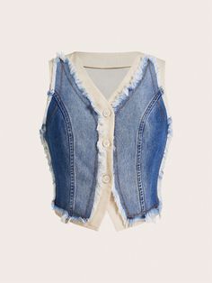 Women's Color Block Sleeveless Denim Jacket With Front Button Closure And V-Neck Light Wash Casual  Sleeveless Denim Colorblock vest Non-Stretch  Women Clothing, size features are:Bust: ,Length: ,Sleeve Length: Sleeveless Denim Jacket, Ropa Upcycling, Embellished Denim Jacket, Shein Icon, Embellished Denim, Y2k Jeans, Recycled Denim, Denim Jacket Women, Denim Jackets