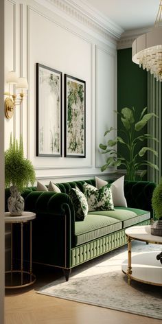 a living room filled with green furniture and paintings on the wall above it's windows