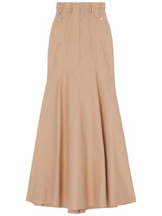 beige cotton tonal stitching high waist front button and zip fastening two side slit pockets long length Burberry Skirt, High Waist Long Skirt, Watch Pocket, Burberry Outfit, Cotton Maxi Skirts, Trumpet Skirt, Women Skirt, Full Skirts, Skirt Women