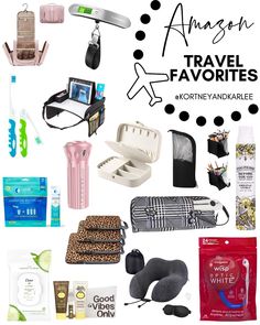 an assortment of travel products and gadgets on a white background with the words amazon travel favorites above it