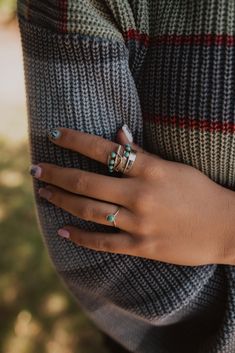 Shop our collection of real gemstone rings, necklaces, earrings and bracelets! From big Indian rings, to stunning bangles, we have it all! Featured here is the Rosie Point Ring! Small and delicate turquoise ring. Every stone shape and color is one of a kind. It has a very thin sterling silver band. Ring Turquoise, Cowgirl Chic, Turquoise Rings, Rings Necklaces, Sell Out