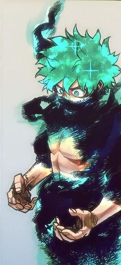 a drawing of a man with green hair and blue eyes, holding his hands out in front of him