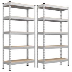 two metal shelving units with wooden shelves