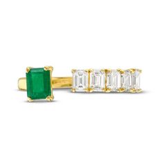 This stunning ring features a single green emerald weighing 0.73 carats accented with five emerald cut diamonds totaling 0.42 carats. Diamonds Direct, Emerald Cut Diamonds, Green Emerald, Open Ring, Emerald Cut, Yellow Color, Emerald Green, Fashion Rings, Lab Grown Diamonds