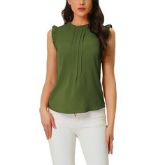 Sleek and elegant, this blouse is suitable for work or play. It is shaped with an elegant crew neckline, pleats detailing and comes in a relaxed cut for breezy wear. The ruffled sleeves give it a playful feel. Style with wide legs pants for a smart-casual finish. Suitable for summer, easy to match with jeans, shorts, skirt, cardigan. Occasion: Office Work, Daily Casual, Going Out, Date, Weekend Gathering, Coffee Shop, etc. Please check your measurements to make sure the item fits before ordering Sleeveless Solid Color Tops For Work, Sleeveless Solid Color Blouse For Work, Elegant Crew Neck Tank Top, Elegant Crew Neck Tank Top For Workwear, Elegant Sleeveless Solid Color Blouse, Sleeveless Blouse For Work, Solid Color Sleeveless Blouse For Work, Office Crew Neck Blouse, Casual Pleated Blouse In A Specific Color