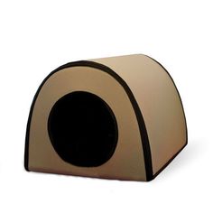 a cat house with a black and white stripe on the front, an oval hole in the back