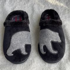 Nwot Bear Bedroom Slippers Size 2-3 Black Slip-on Slippers For Indoor, Black Indoor Slip-on Slippers, Gray Synthetic Slippers With Round Toe, Gray Synthetic Flat Slippers, Black Casual Slippers For Indoor Use, Casual Black Indoor Slippers, Comfortable Black Slippers, Black Non-slip Flat Slippers, Comfy Black Indoor Slippers